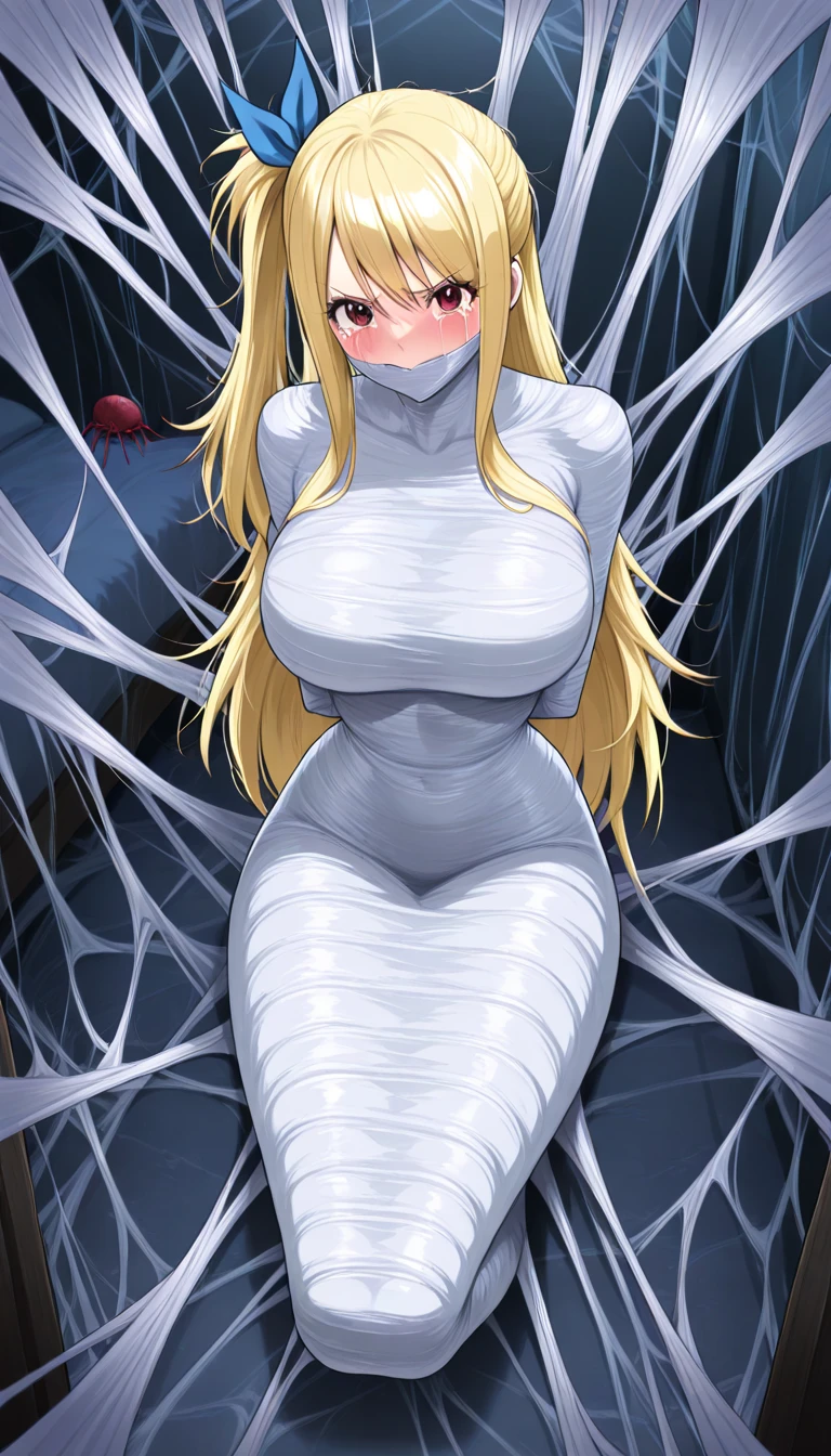 masterpiece, best quality, 1 girl, solo, looking at viewer, Yamanaka ino, length hair, floating hair, (arms behind back:1.4), hanging,spiders in the web,long spider, desperate,struggle, entangled, embarassed face, despair,cocoon, blushing face, lie down, lying down on the ground