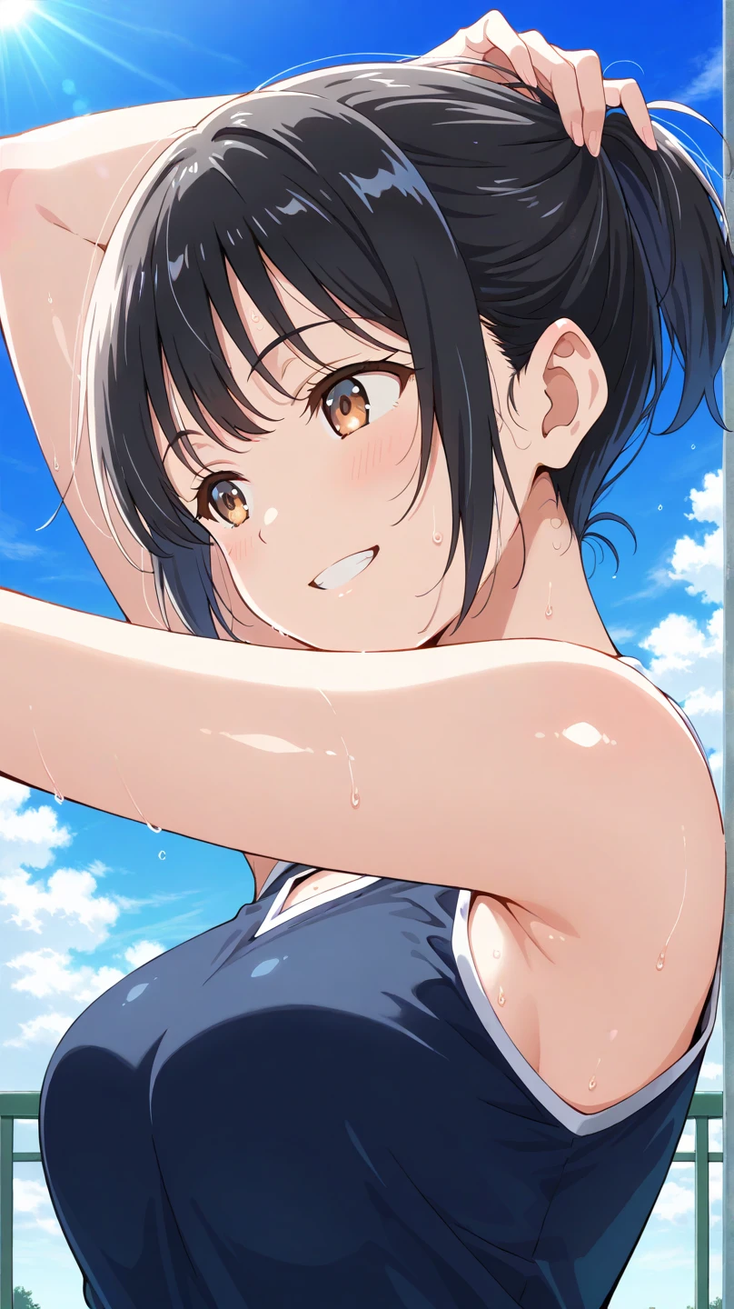 Armpits, woman in swimsuit, open mouth, laughing, blushing cheeks, tickled, excited, spread-eagled, chest visible, hand touching woman's armpit