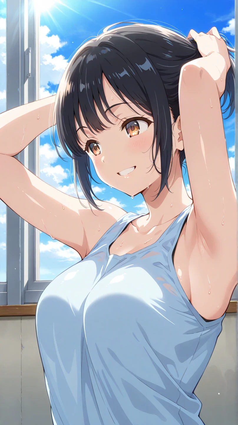 ((masutepiece, Best Quality, High resolution, extremely detailed 8K, Beautiful girl with a slender body, Ultra HD, Ultra-detailed, anime screen cap:1.3, anime colours:1.2)), suguha, (1girl in), (Black hair, bob cuts), (Lower your hands forward:1.5), facing at camera, lightsmile, (beautifull detailed face, Beautiful detailed eyes), (Huge breasts: 1.2), (White tank top, Thin material), leaning forward:1.3, cleavage, shorts, Cowboy Shot, Sweat, (Sunlight), a park