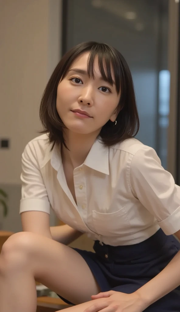 woman　5　loafers、smile、Bright classroom、 beautiful, shape, Highly detailed skin, masterpiece, Highest quality, Highly detailed face, Vibrant colors, Written boundary depth, Cinema Lighting,,  short hair,skirt,blush, White shirt, masterpiece Highest quality 高解像度, Sit with your knees bent