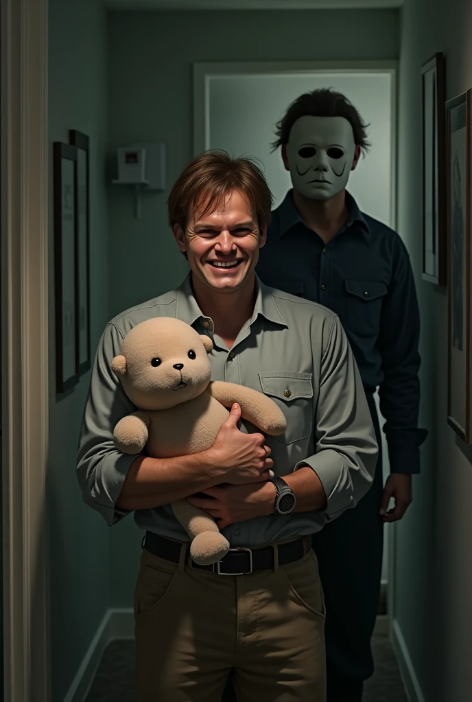 Hay dos personas de pie una al lado de la otra con un hombre falso, scene of a movie, en esta escena ominosa, scene from live action movie, realistic movie still, horror movie still, Horror movie scene, muy, muy espeluznante, still from movie, still from movie, Still from the Hollywood movie, still from a live action movie, Award-winning film Still