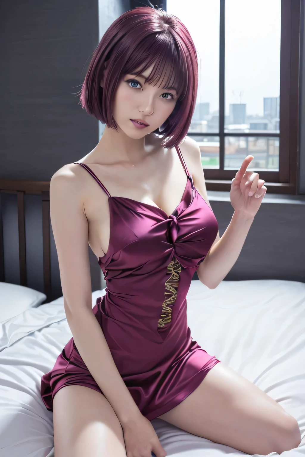 (upper body),Nel Zelpher,((Sexy Magenta Tight Silk Mini Dress:1.5)),(kneels,spread your legs),masterpiece,Noise Reduction,perfect anatomy,high resolution, ultra detail, ultra detail face,game CG,Dutch angle ,beautifully detailed eyes,visual art that sticks to your side,five fingers, perfect hand in h, perfect lighting, Shining Eyes,Big Breasts、show cleavage、(red hair:1.5),(Night Love Hotel:1.8、Love Bed、kneel on a pink light bed:1.9、with night view from window:2.0) 、((open your mouth:1.3))、(expressionless)