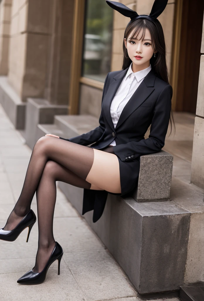 8k, masterpiece, RAW photo, best quality, photorealistic, extremely detailed CG unity 8k wallpaper, Depth of field, Cinematic Light, Lens Flare, Ray tracing, (extremely beautiful face, beautiful lips, beautiful eyes), intricate detail face, ((ultra detailed skin)) 1girl, in the dark, deep shadow, pretty Asian girl, Best quality, full body portrait, delicate face, pretty face, 25 year old woman, slim figure, medium bust, OL uniform, office clothes, black stockings, outdoor scene, sitting position, high heels, suited, tie
