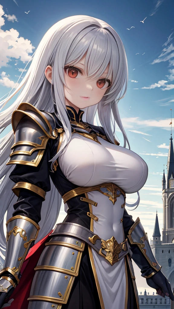 yellow eyes,1 woman,Masterpiece,incredibly absurset,best quality,silver breastplate,((silver armor)),set,looking at the audience,Facing the audience,Highly detailed eyes,Some big breasts,holding a glowing silver sword, at night,Magnificent castle hall,Side lighting,low beam, glow effect, big window, night sky, yellow moon,In the building,long set,crown,elf ears
