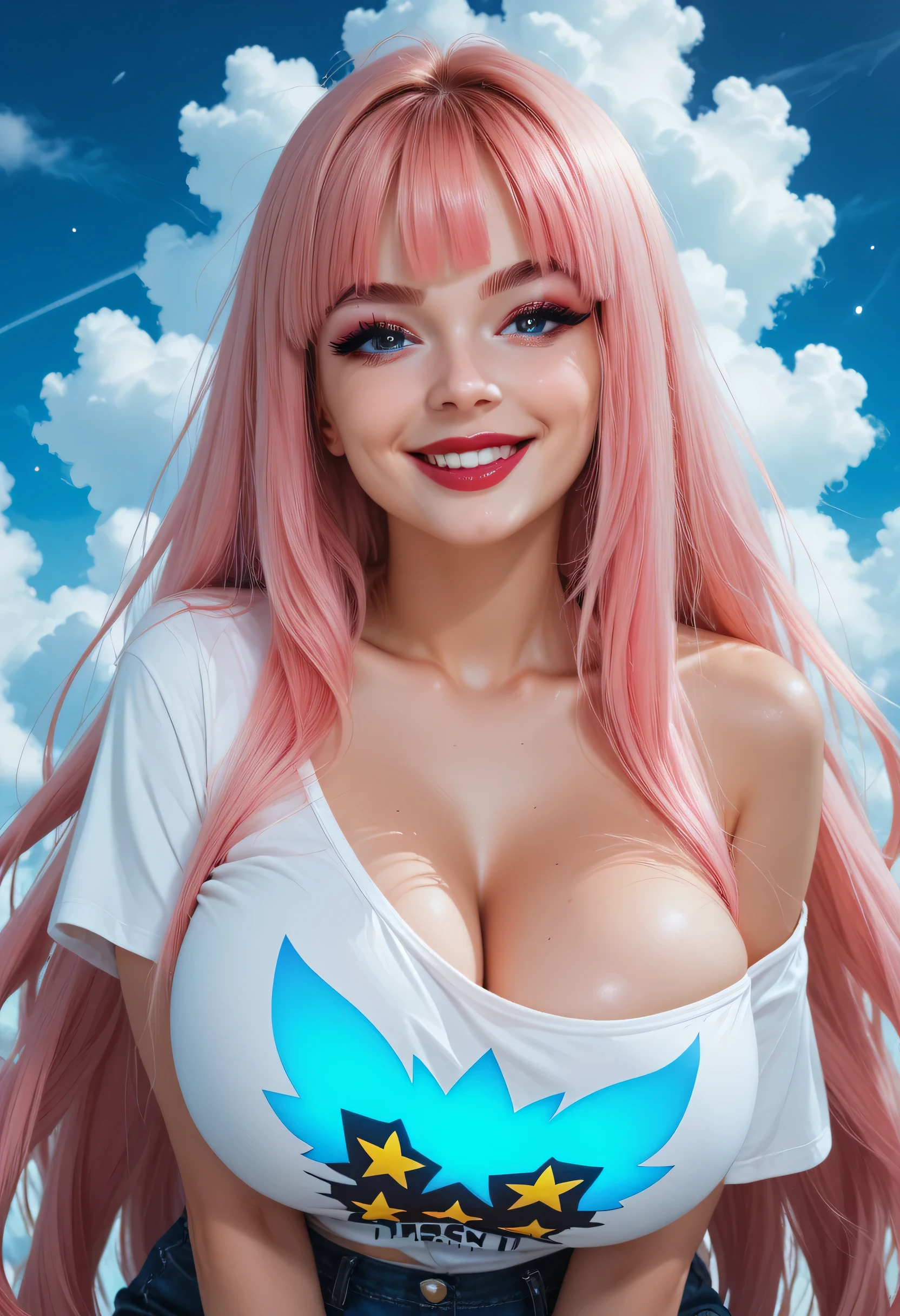 ((stars light, cloud sky)), perfect face, feminine, ((very long hair, pink smooth hair)), pink eyebrows, (thin eyebrows), ((glowing blue eyes)), black eyeliners, purple eyeshadows, nose, dark red lips, big smile, beautiful face, collarbone, cleavage, huge breasts, (one off shoulder t-shirt), white t-shirt, looking at viewer