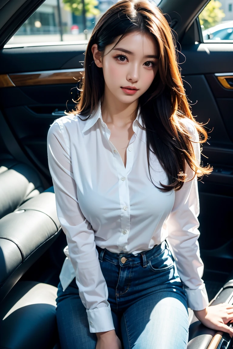 top-quality,ultra-detailliert,masterpiece,realisitic,Photo Real,Bright lighting,1 girl in, Very beautiful 28 year old woman, (kawaii:1.2),Thin smile, Beautiful short brown hair、Erectile agging breast、(Brown eyes),(brown haired),(bangss),perfect glossy skin,flawless skin,((erotick,Sexy and sexually explicit)),((accurate hands without incongruity)),big breasts thin waist, Beautiful large breast、 Look at viewers,(),((Tight white button shirt)),(Black tight mini skirt),(((skirt lift by yourself))),(lifted by self),(Showing white panties),panties on,panties focus,((Sit up,spread legswide)), sockes, (high-heels), during daytime,On the train,Horizontal long seat with your back to the window、beautiful thigh。