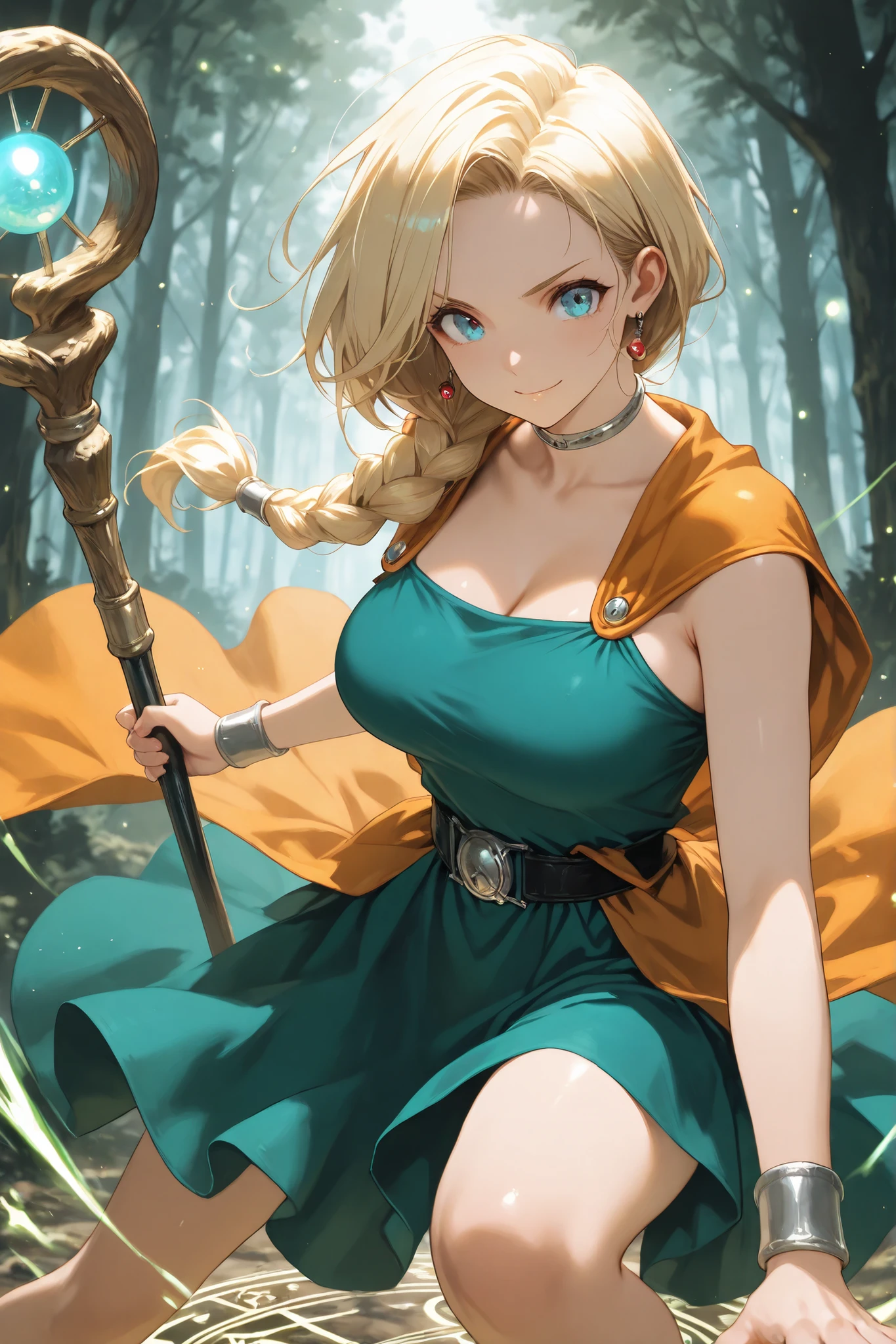 masterpiece, best quality, high resolution, highly detailed, intricate details, vibrant, high contrast, (flawless smooth skin, very aesthetic), 1girl, solo, bncad5, cute girl, very cute face, beautiful detailed eyes, blue eyes, blonde hair, single braid, hair over shoulder, highly detailed hair, large breasts, red earrings, choker, orange cape, green dress, sleeveless dress, belt, bracelet, knees bent, legs apart, hand touching ground, combat stance, battle ready, holding staff, magic staff, spell casting, chanting spell, gentle smile, close-up upper body, dense forest, dark forest, imminent danger, magic circle, glowing particles, swirling energy, magical light