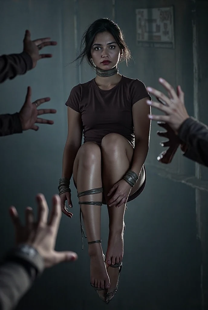 A man laying on his back, arms tied above his head, ankles and knees tied with ropes pulling his legs wide a part. A young teenage girl stands over his with her barefoot planted firmly on his face. The girls barefoot envelopes the mans entire face, only the outline of the mans Head can be seen. The girl is laughing and pointing at the tied up man as she stands on his face.