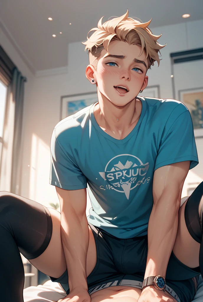 a men wearing a t-shirt, inside a fitness studio, sitting , spread legs, anus, penis, frenulum, testicles, glans, erection, pubic hair, male only,masterpiece,best quality,detailed, detailed, intricate detail, highres ,absurdres,detailed eyes, looking at viewer