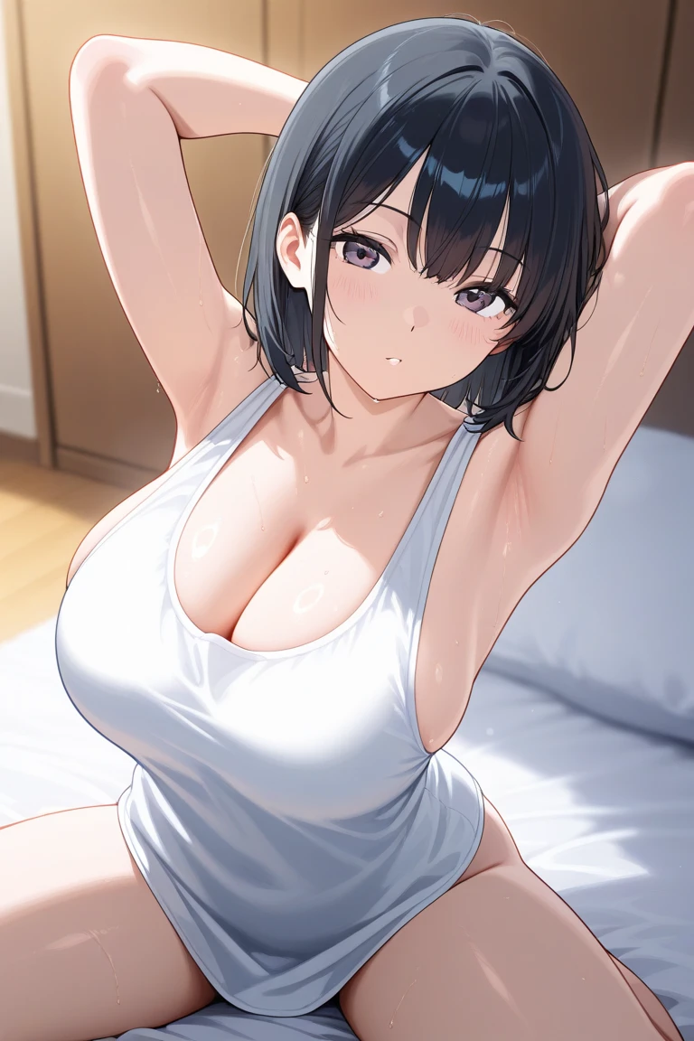 mature woman, hair over one eye, golden eyes, Tomboy, lying on stomach, hospital bed, open hoodie, sweatshorts, huge breasts, looking at viewer, hospital background, window, short hair, plump, cleavage