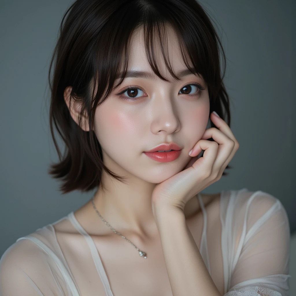 ((highest quality, 8K, masterpiece :1.3)), 1 girl, pretty woman with thin abs :1.3, (medium short hair, huge breasts :1.2), Mokomoko Pajamas:1.1, super detailed face, fine eyes, double eyelid