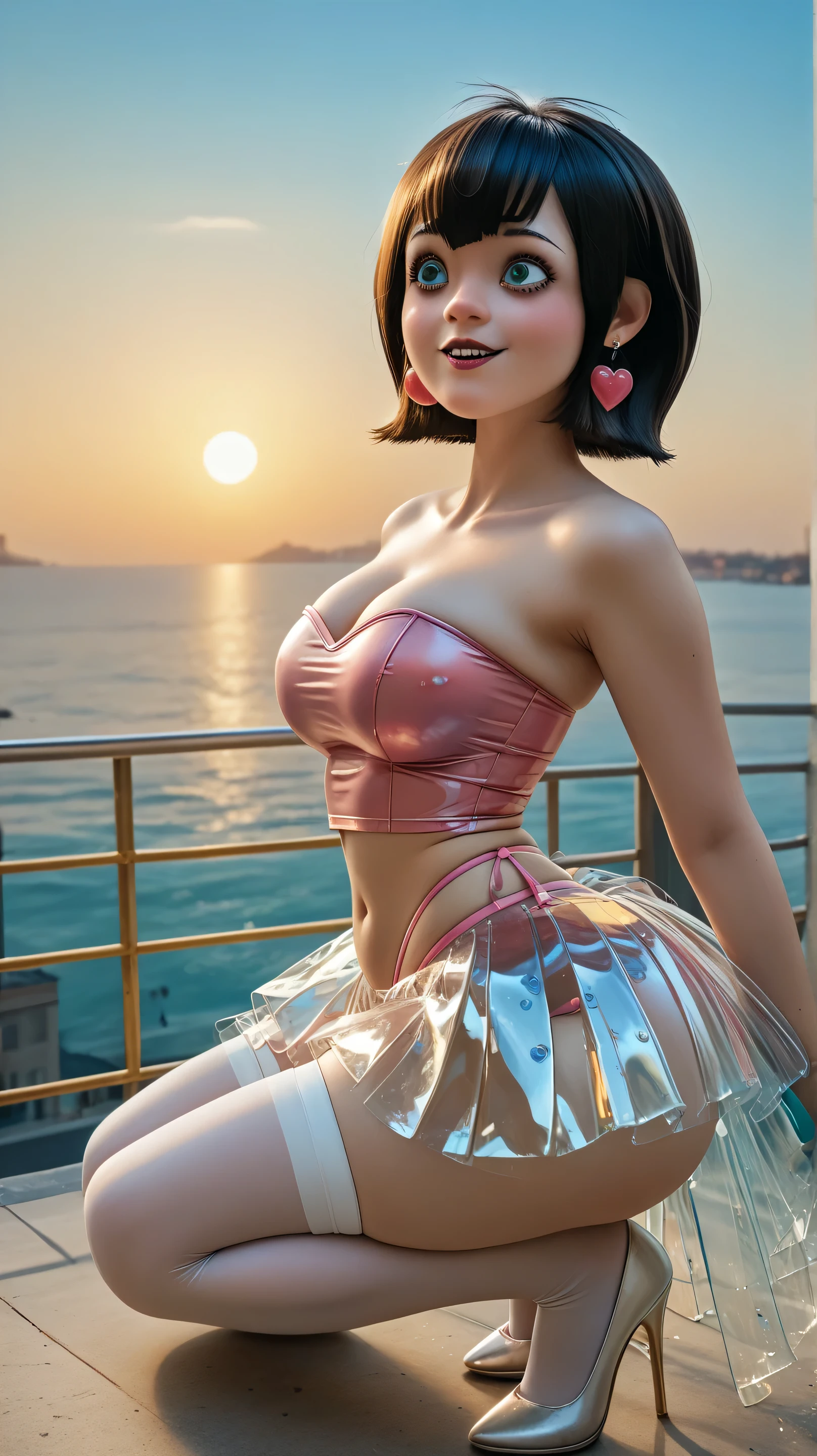 score_9, score_,Above 8,focus,, absurdres, highres, illustration,
a girl, And_VisVamp ,their breasts are huge,volutous breasts,Small pink thong , big thighs,large hips well defined buttocks,
high stockings, belly button, jewelry, earrings, abdomen, Crouching shows breasts,(strapless top),(strapless top blanco), ( on the back showing its transparent sky blue miniskirt)(transparent pleated tutu with the sun), Showing buttocks sideways,
fondo blanco,