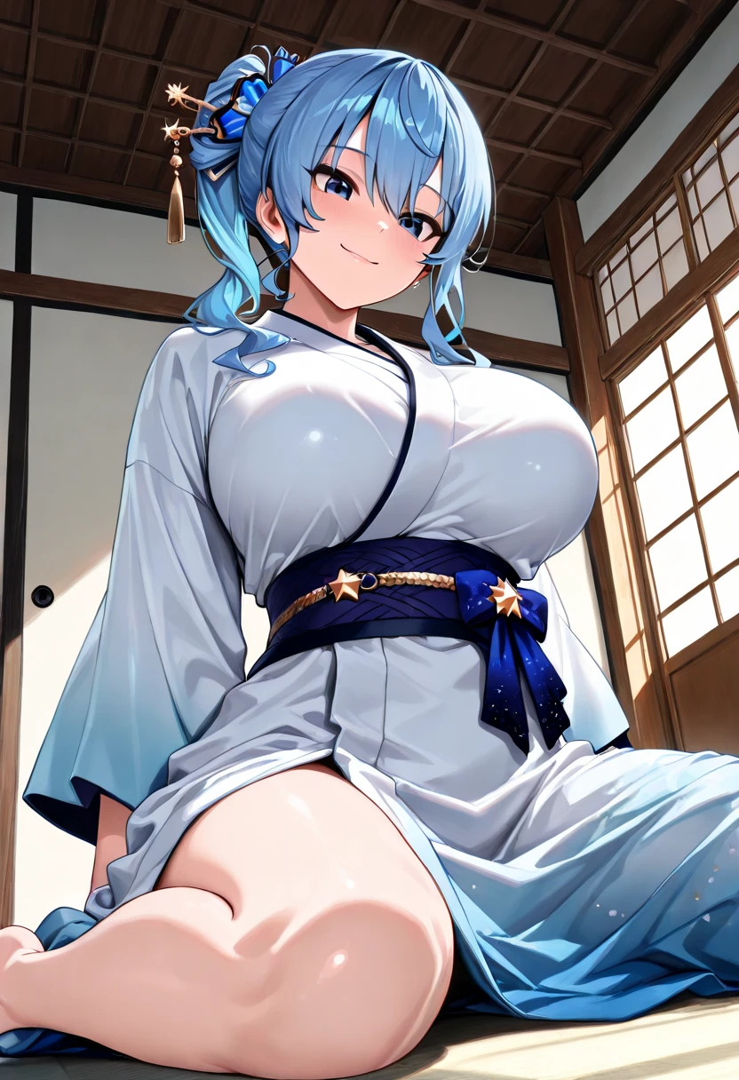 ((highest quality、High resolution、8K、masterpiece:1.3))、dynamic angle、wallpaper、1 girl、unparalleled beauty、ultimate beauty、super detailed face、delicate eyes、smile shyly、sexy look、Depth of bounds written、light particles、side light、ponytail、(silver hair、shrine maiden、shrine maiden服、shrine maiden装束、white kimono、red hakama)、(Lifting the skirt with both hands)、((exposed、Showing her pussy shyly))、(Love juice dripping from the pussy)、(I'm tempting、Inviting to have sex)、perfect body、beautiful breasts、big breasts、cleavage、thighs、slim、slender、Old castle at night