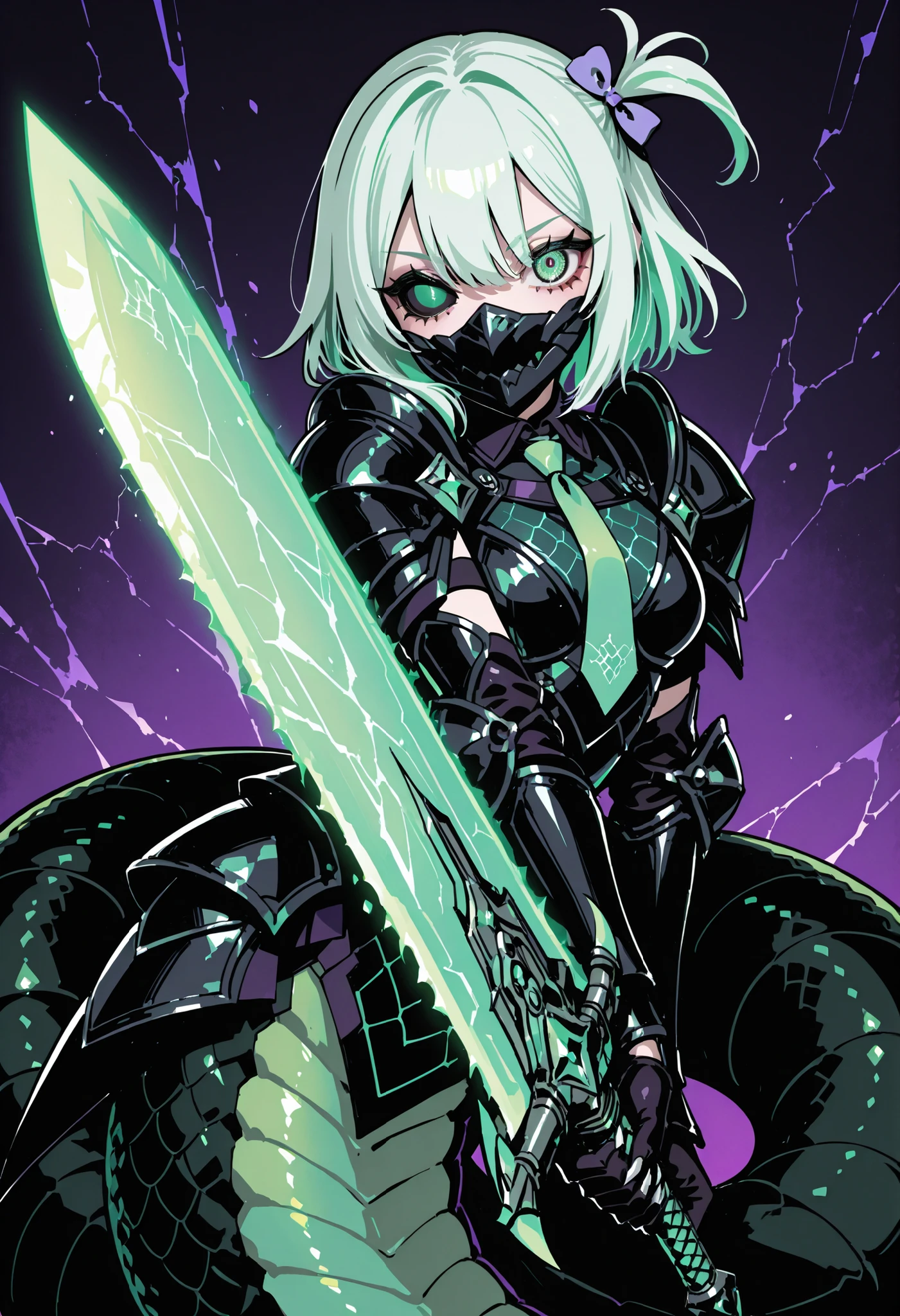 Lamia style girl. Centipede body. Black snake. Green scale pattern. Armor knight. Bright hair. Tie hair. Asymmetric eyes. Snake eyes. Snake skin face. Black armor. Purple decoration. Holographic crack costume. Sharp claws. Holding weapon. Chainsaw sword.