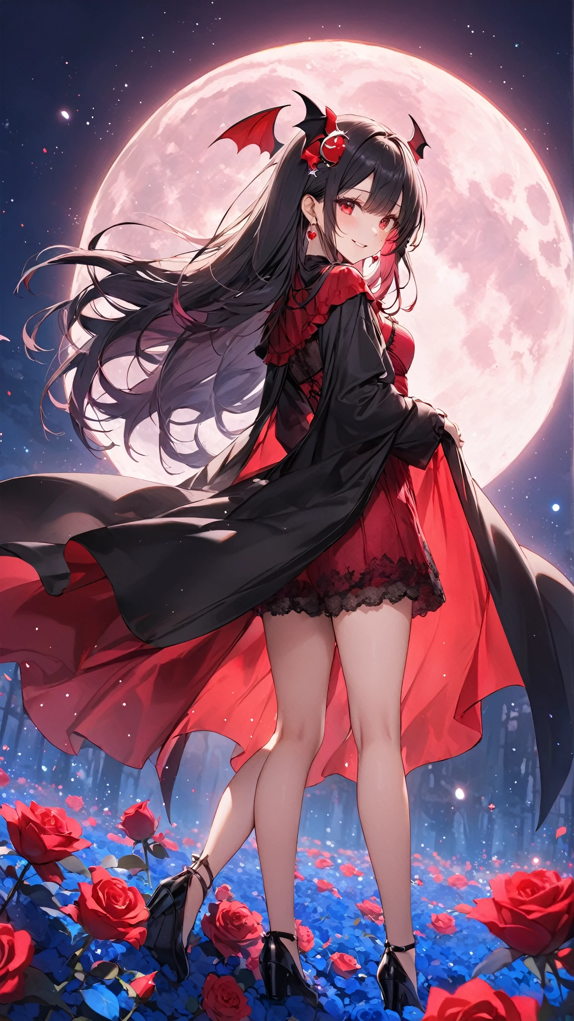 masterpiece, Highest quality, detailed, One girl, alone, night sky, Outdoor, full moon, performer, cloud, night,, Dark Sakura, (Black Dress), Long Hair, Wicked Smile, Red ribbon, Striped, Thighs