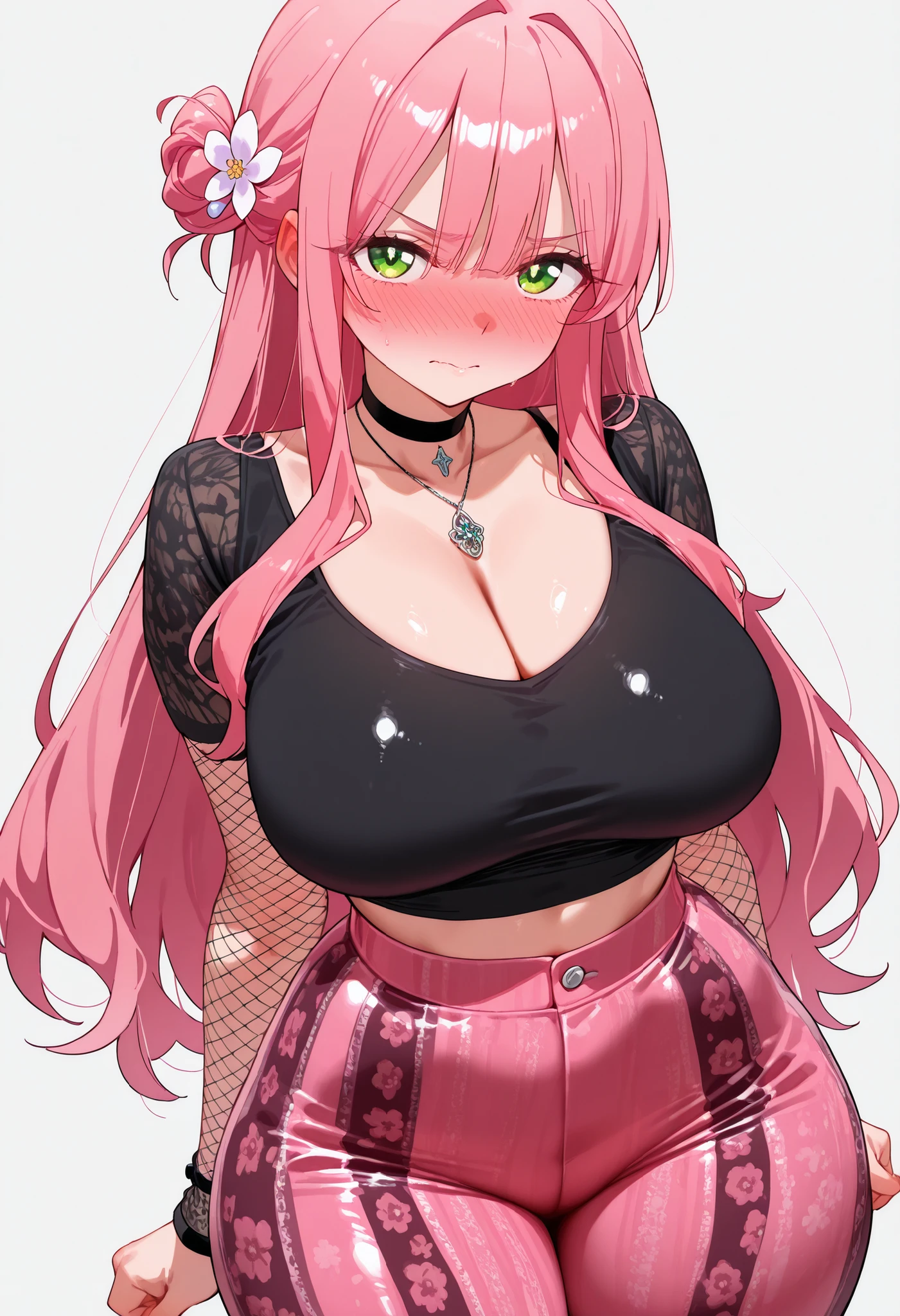 (masterpiece) ,best quality,amazing quality,very aesthetic,absurdres,newest, Hahari Hanazono (The 100 Girlfriends Who Really, Really, Really, Really, Really Love You),,black thigh-highs,, 1girl, long hair, bangs, green eyes, pink hair, flower, hair flower,,cowboy shot, NOSE BLUSH, embarrassed expression with blushing cheeks, wearing a tight black crop top, fishnet sleeves, black choker with metallic pendant, curvy hips and thick thighs, sporty punk aesthetic, soft shadows, white background, ultra-detailed anime style, glossy highlights,, pants, long pants, print pants, forbidden pants, flare pants, floral pattern, yoga pants, printed pants, striped pants, floral print, [PINK PANTS], pink forbidden pants, large breasts, SLIM WAIST, medium breasts, looking at viewer,
