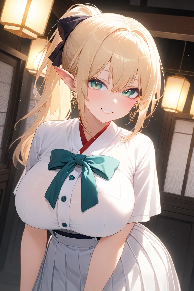 (MASTERPIECE), (Best Quality), (Ultra Detail), (Best Anatomy), Official Art, One Girl, Lori with Light Colored Hair, Petite Little Girl, Priestess, Silk Hakama, Small Breasts, Cleavage, Off Shoulder, Side Boob, Thigh Focus, Wet Sheer, Chest Stretching, Card Illustration Style, Shrine, Lake
