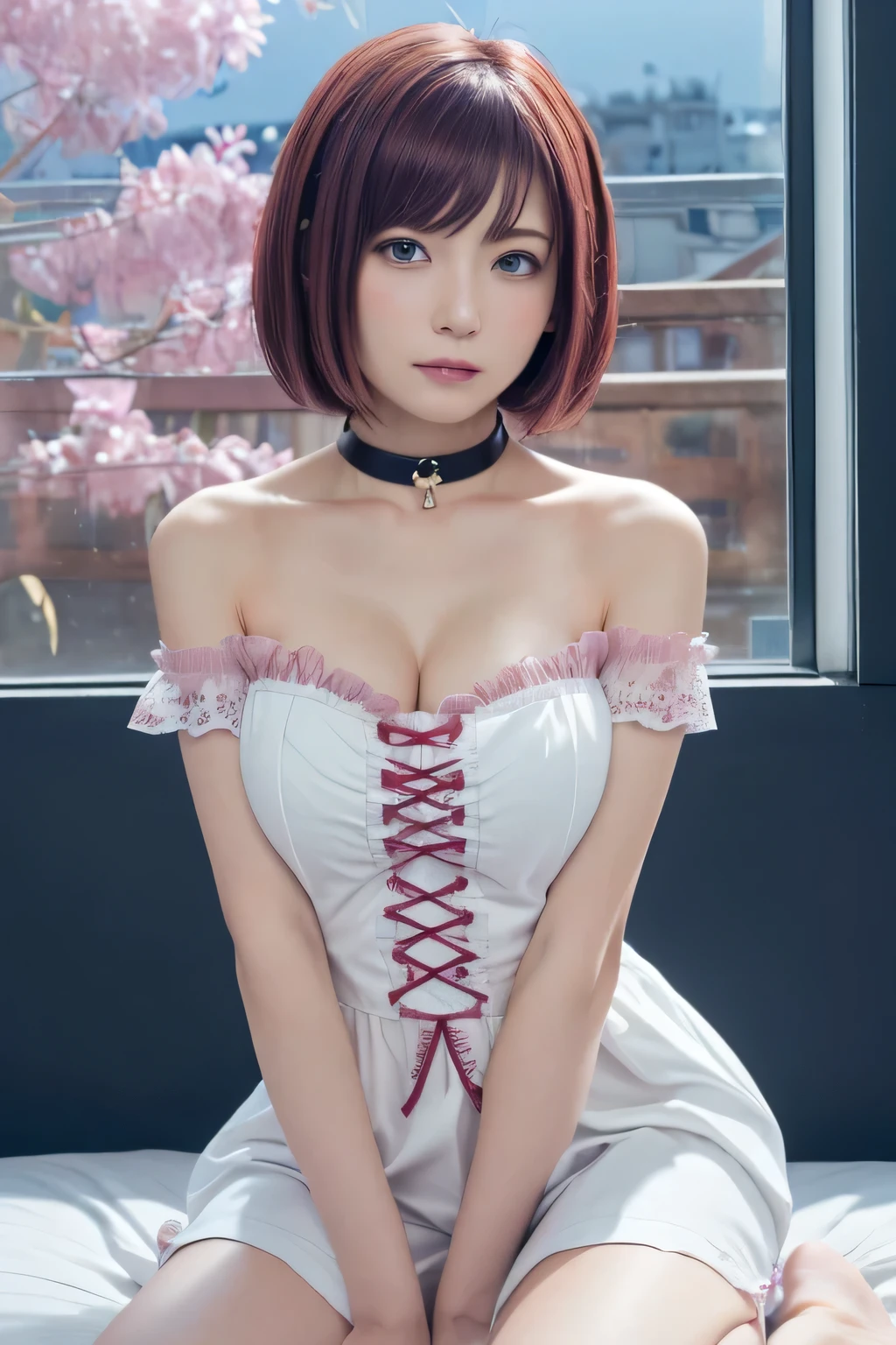 (upper body),Nel Zelpher,(( cute maid clothes:1.5、choker)),(kneels,spread your legs),masterpiece,Noise Reduction,perfect anatomy,high resolution, ultra detail, ultra detail face,game CG,Dutch angle ,beautifully detailed eyes,visual art that sticks to your side,five fingers, perfect hand in h, perfect lighting, Shining Eyes,Big Breasts、show cleavage、(red hair:1.5),(Night Love Hotel:1.８、Love Bed、kneel on a pink light bed:1.9、with night view from window:2.0) 、((open your mouth:1.3))、(hollow expression:1.5)、(cute Japanese maid:1.5)