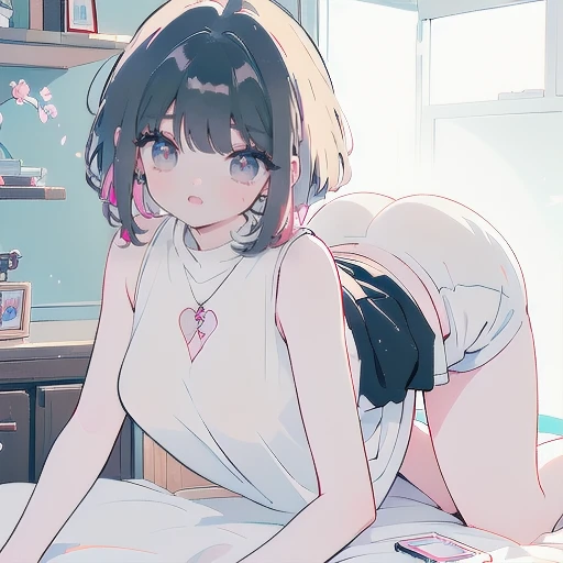 ((Highest quality)), ((masterpiece)), (detailed), A large amount:1.2),extremely detailed cute anime face, (((Flat Chest))), (Flat Chest:1.1),((((Short Bob Hair)))),Complex eyes,beautiful detailed eyes,Symmetrical eyes,(((detailed face))),beautiful detailed lips, If you look at this, (((Embarrassing))),(emotional expression),(My heart is pounding with anticipation.), A translucent white dress reveals her skin、String panties、Profuse white sweat from whole body、Mouth half open、Bring your hand to your mouth、Get up on one knee、On the futon,White saliva flows like a waterfall