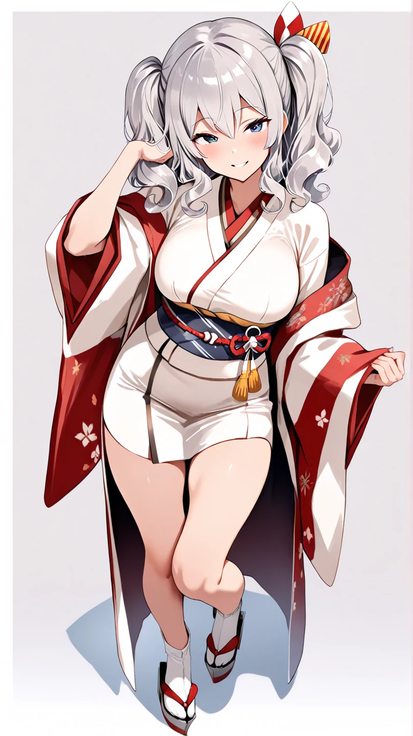 masterpiece: 1.2, best quality), anime, (anime image, intricate details, depth of field), (1girl, solo), makeup, lips parted, highly detailed, perfect face, elf, (skindentation), thick thighs, wide hips, thin waist, high, bright coral lips, white hair, blue eyes, big ponytail, (A girl, Japanese kimono), (sweat: 1,2), (wet), sexy, blushing, tanned skin,