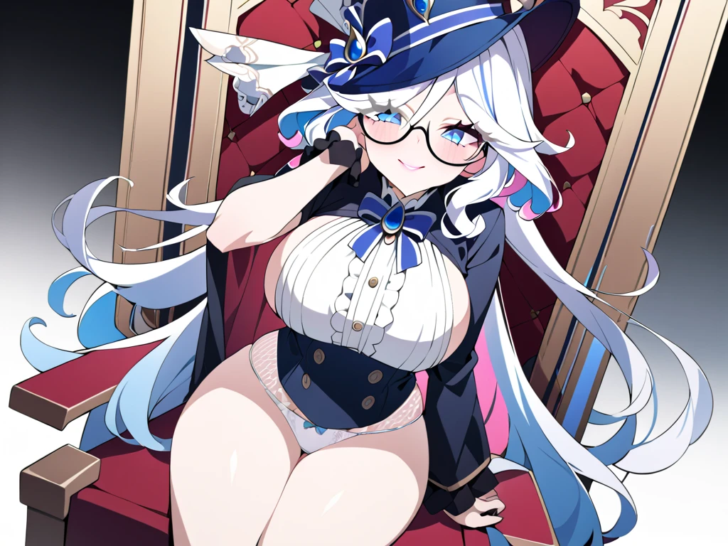 young girl, Long white hair, blue eyes, blue beautiful dress, Huge-breasts, eyeglasses, Masterpiece, hiquality, 4k, HD, Good detail