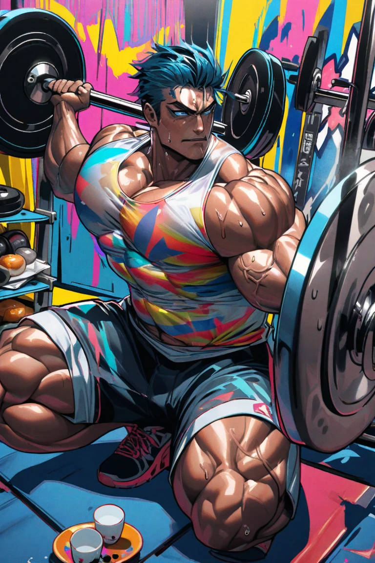 Robust athlete man, upper body revealed, legs uncovered from thighs to feet, bearded with beaded accents, flowing long curls, meticulous muscle definition, lifelike representation, 4K quality. Background: Gymnasium with weights and exercise equipment.,32k uhd, best quality, masterpiece, super detail, high details