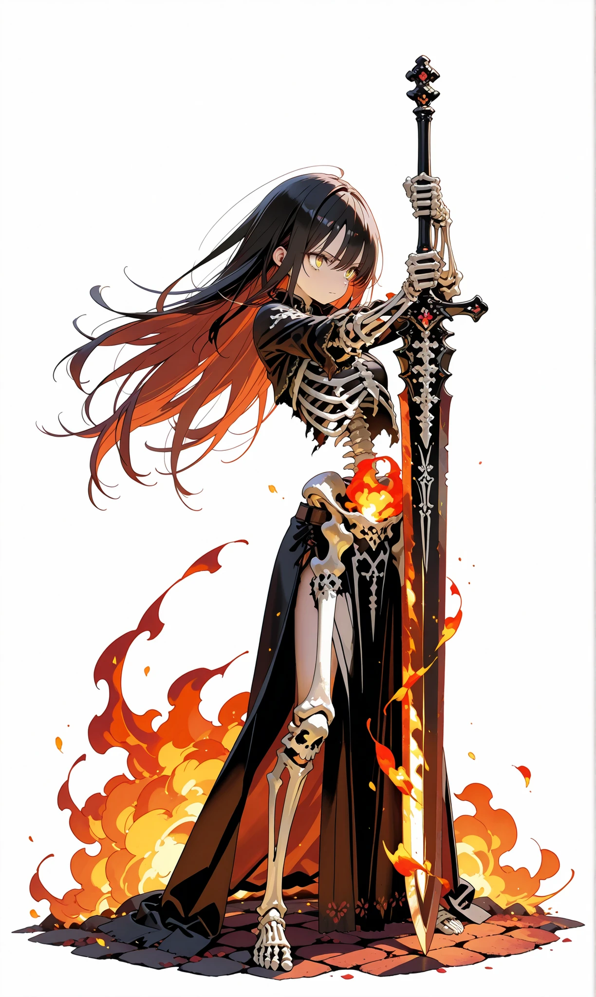 ((Solo, Adult woman)), holding a scythe, Black flowing robe, Hooded robe, Animal skulls and bones, Gold and silver, Pastel color scheme