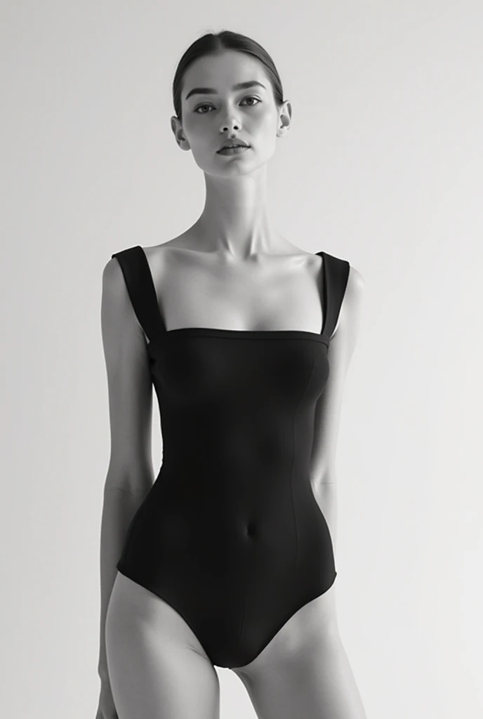 A genderless man in a black swimsuit standing on white background, closed swimsuit, skintight black bodysuit, bathing suit, tightsuit, thin bodysuit, swimsuit, wearing a black bodysuit, wearing a tights, helmut lang, Cutout