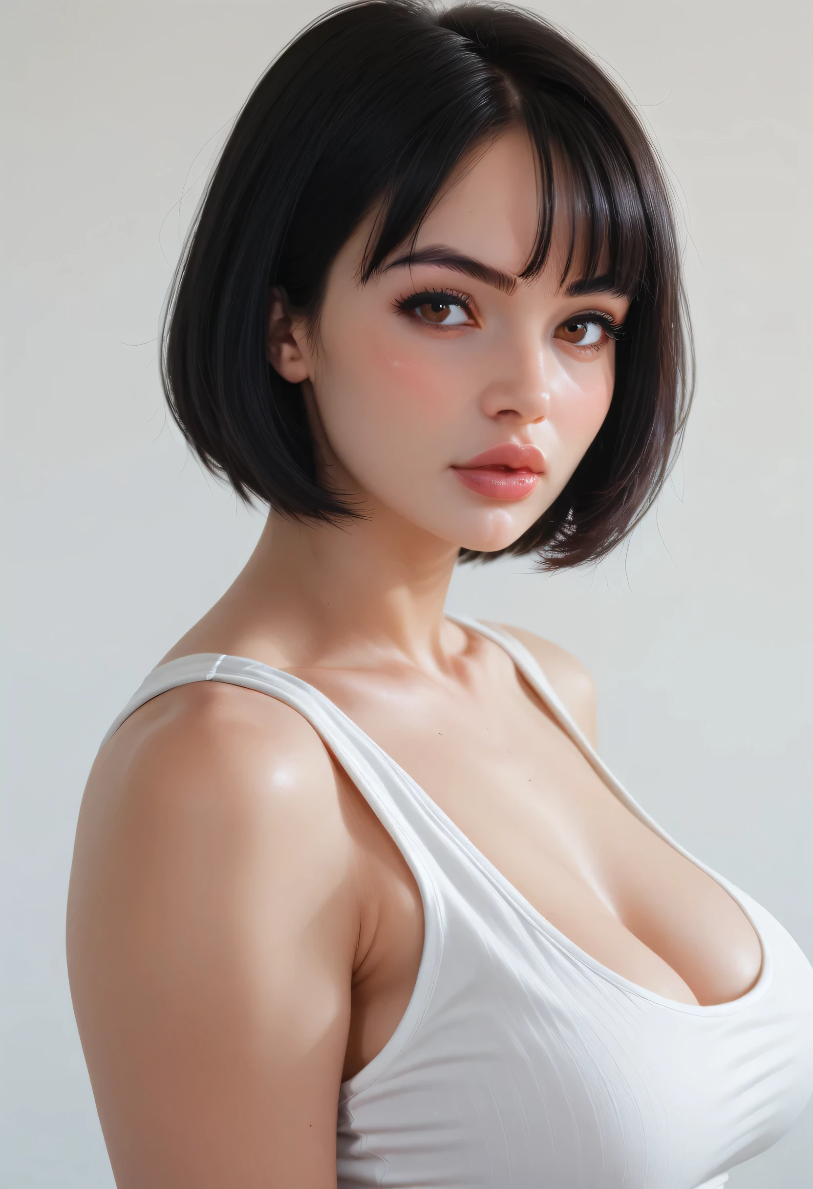 perfect face, black hair, medium hair, bob hair, black eyebrows, thin eyebrows, brown eyes, blush, thick lips, round tank top, white tank top, (large breasts 1.4), from side, looking at viewer, white background