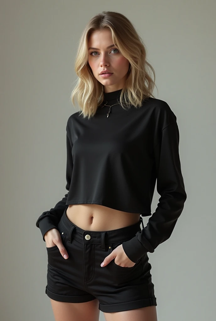 (blue-eyed, blonde) Aluring girl with (long, straight) hair, dressed in (black) clothing including a (dress) or (crop sweater), stands beside a motorcycle. She confidently places her hand on a silenced gun. The scene is of (high detailing, photo-realistic, 8k) quality, with (vivid colors) and (sharp focus).