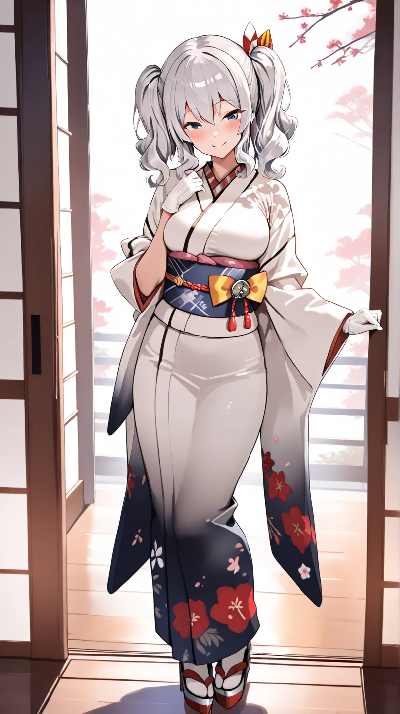 ((One personの女性)), Beautiful Face, full body, (Laughing embarrassedly), (laugh:1.2),((Wink:1.7)), (head tilt:1.3), Laugh with your mouth wide open, upper teeth, looking down at viewer, ((Bright red cheeks:1.4)),Glossy Red Lips,night, rooftop, firework, Glossy red lips, Shining Face, ((Anime style background)),masterpiece, Highest quality, so beautiful,up to date, Complex details, (Pink long nails),(ring),(bracelet),(Floral choker),Belly piercing, anime cg, AI-generated, Complex,High resolution, Highest quality, super high quality,3D Images、3D Images,One person,Long white hair,High Ponytail, Anime woman posing for a photo,(blue eyes), ((Fine grain、Silvery white, lightly pigmented eyes、Shining Eyes:1.6)), (Squint your eyes:1.1), beautiful detailed eyes, a hyperRealistic , hyperRealistic , Realistic,Anime woman with long white hair, Smooth anime CG art, A woman in a colorful kimono with gold embroidery, (Black long sleeve kimono),Red floral pattern,(black stiletto sandals), Long flower hair ornament,Earrings,Mature Body,(Big Breasts:1.1),Tall,Abdominal muscles,Tight waist, ((pigeon toed:1.4)), (front view),