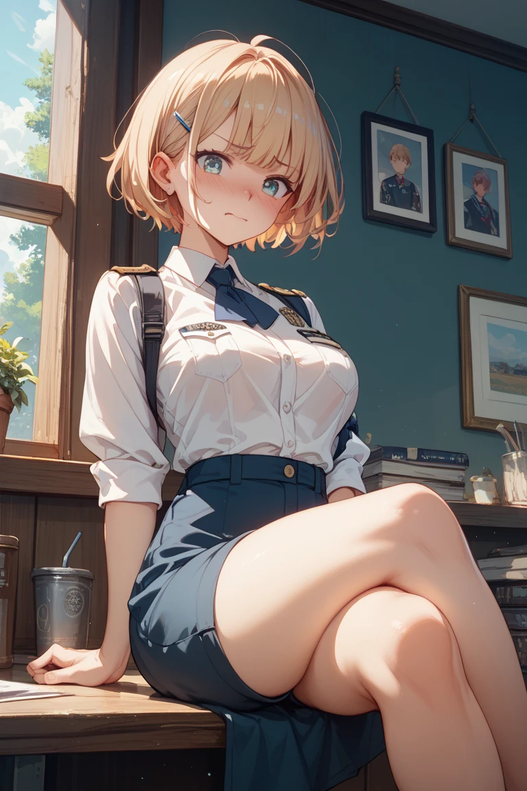 score_9, score_8_up, score_7_up, source_anime,A teenage blonde Japan gal crosses her arms and crosses her legs and looks down with an embarrassed expression. She is sweating in a summer classroom with a uniform with an open chest and a miniskirt and a close-up of her thighs