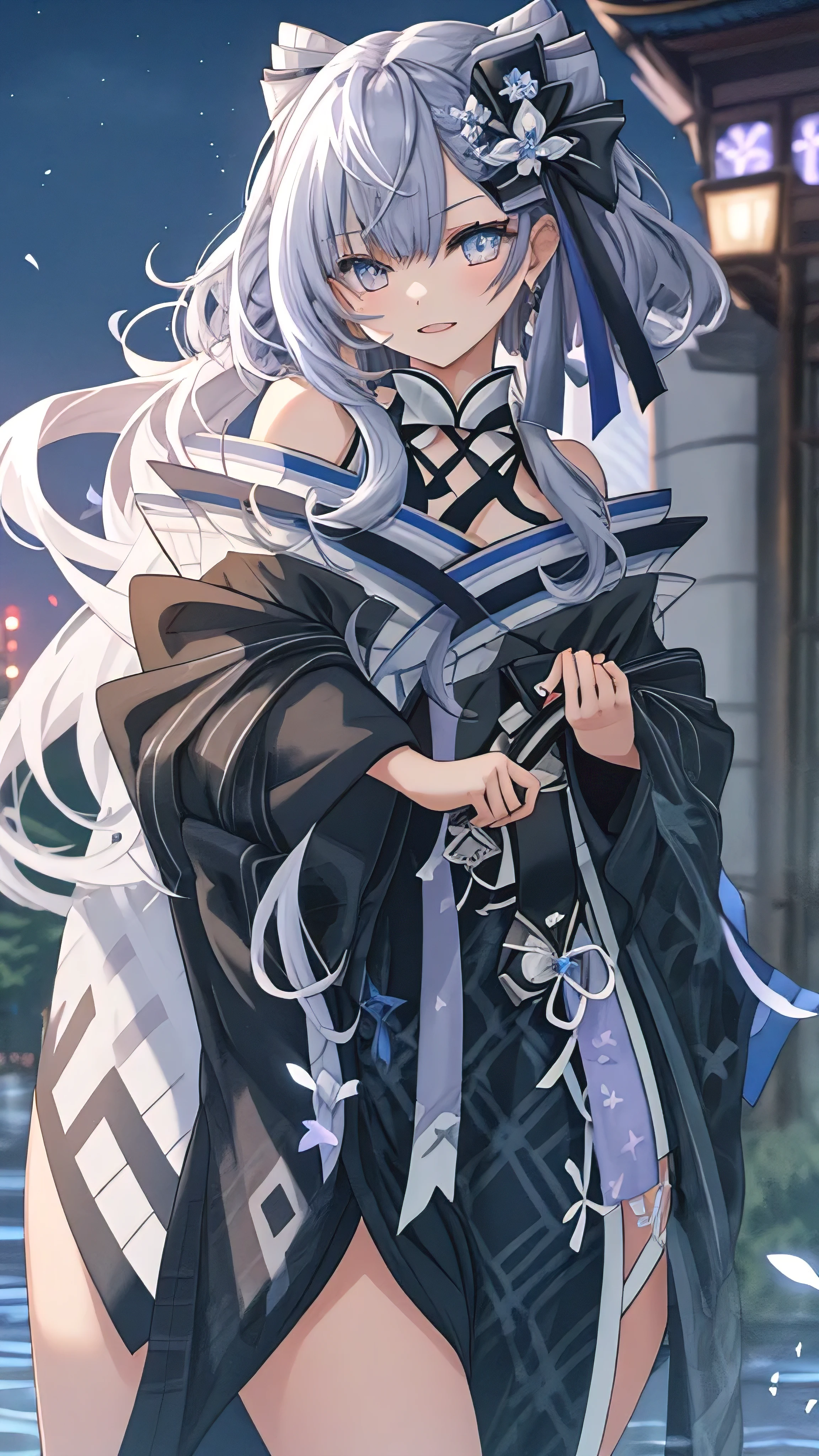 Long hair fluttering in the wind, gotik、Long hair with blue inner、use kimono, the mouth says the word o, night day