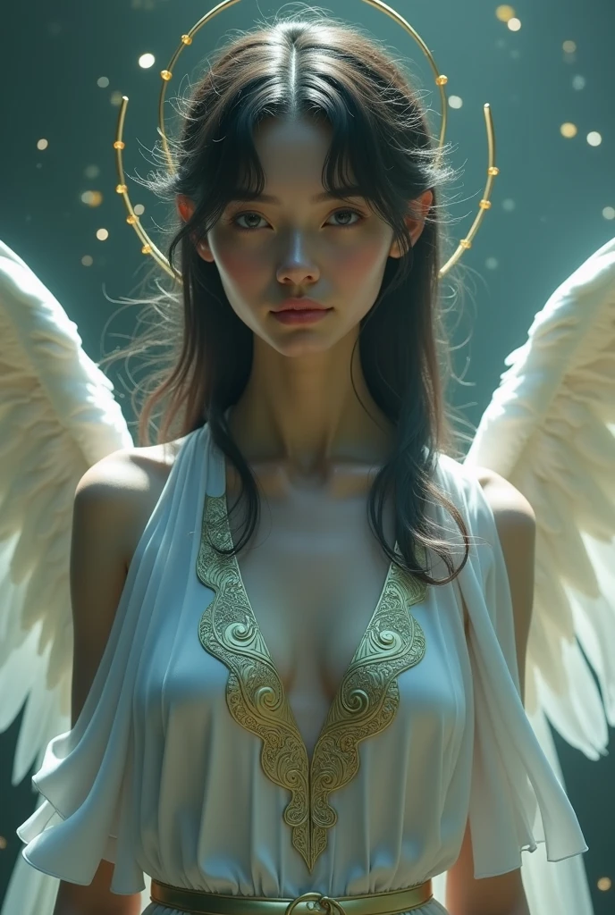 Breathtaking cinematic image of celestial angels gliding on rivers of gold in the cosmos, outer space. (most beautiful masterpiece: 1.3), Detailed angels with intricately designed wings, ethereal appearance, serene expressions, closed mouths, perfect lips, (shallow depth of field: 0.8), Extraterrestrial environment filled with swirling rivers of liquid gold, nebulous clouds, distant stars, and galaxies, (high budget: 1.5), Highly detailed, photorealistic, ultra-high definition, film grain, (glowing aura: 1.1), Angels in flowing robes, their gentle