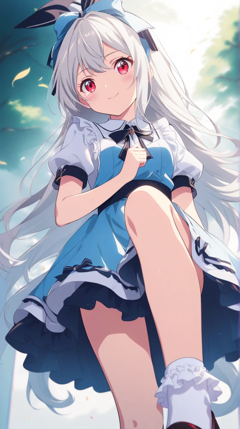 1girl, beautiful detailed eyes, long white hair, light grey eyes, school uniform, high white stocking, vivid, flower, daffodil, hyacinth, falling petals, , high contrast, ((masterpiece, best quality)), cinematic light, cinematic composition