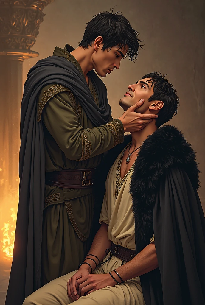 (best quality,4k,8k,highres,masterpiece:1.2),ultra-detailed,(realistic,photorealistic,photo-realistic:1.37),dramatic lighting,baroque castle,portraits,Two men, servant, servant, king,naked torso,homoeroticism,king and servant,handsome, beautiful boy,perfect anatomy,perfect skin,white skin,European boy The above is a prompt generated based on the theme you gave.，Please use this prompt directly for Stable Diffusion to generate images.。