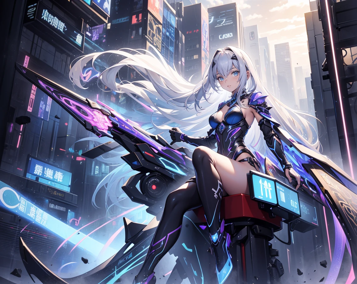 a futuristic female warrior holding a katana, (Delicate skin), pale skin, (in a deep neckline highly detailed sexy futuristic cyberpunk black crop top and underpants made of circuit boards, Japanese word with flare effect, beautiful epic work, futuristic, masterpiece, attractive, Posing for photos