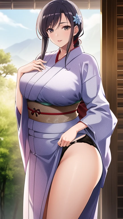 A girl with long straight purple hair and purple eyes with tan skin and full breasts standing straight facing the viewer in a kimono, perfect,