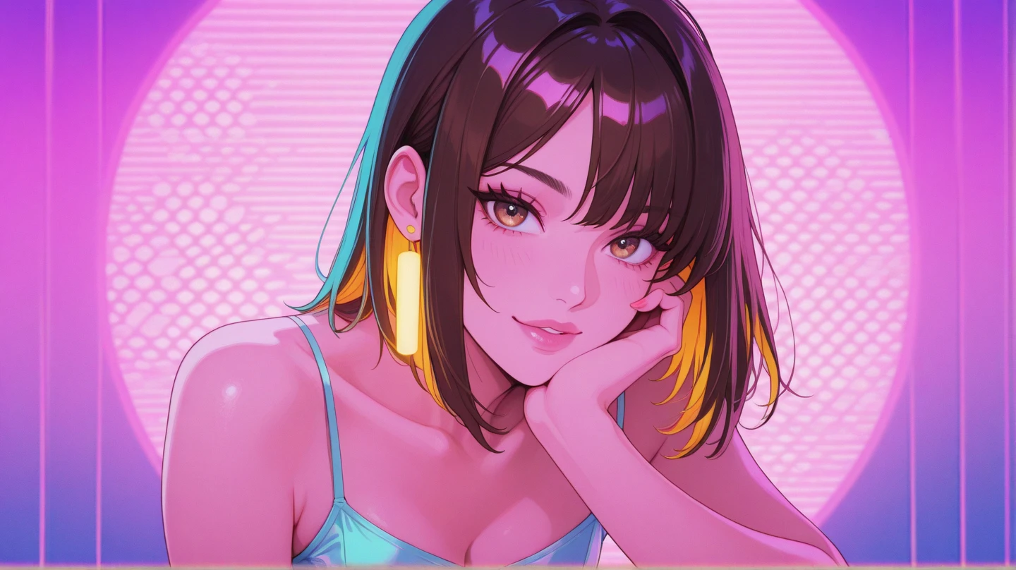 Masterpiece, high quality, photo, realism, real light and shadow, girl with pink gloves, hand holding face, black ball head, good-looking makeup, delicate face, pearl necklace, fan bandeau suspenders, bust, bare shoulders