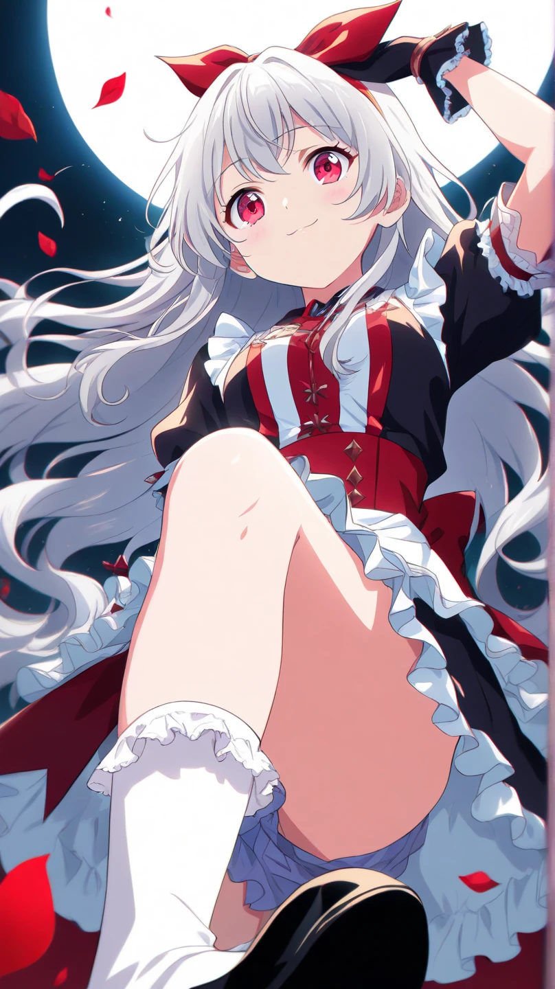 1girl, solo, aged down, nyori, yano mitsuki \(nanairo\), yatomi,
long hair, wavy hair, silver hair, red eyes, large breasts, gothic, hat, black dress, frills, frilled dress, seductive smile, outstretched arms, sideboob,
blue sky,
masterpiece, best quality,