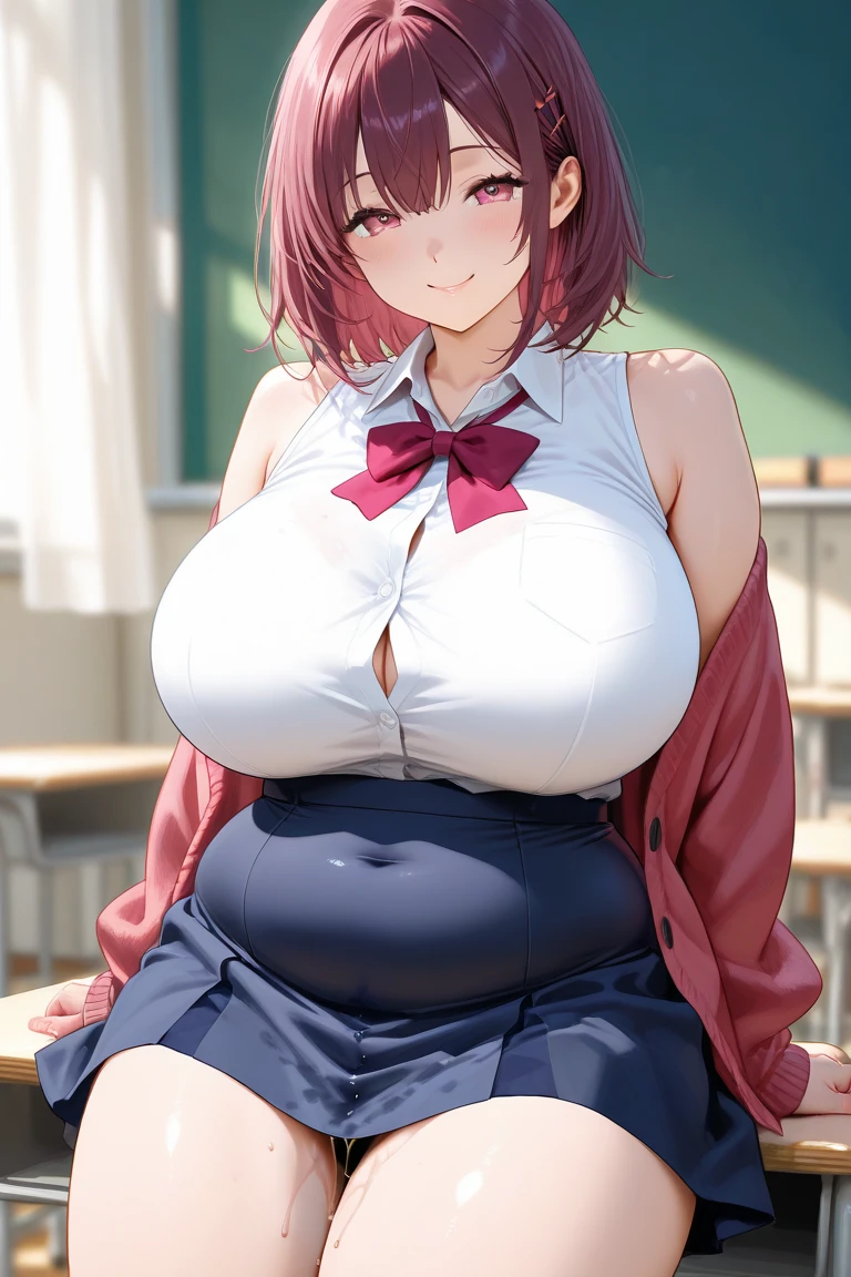 highest quality, Super detailed, masterpiece, Ultra-high resolution, 8k, Ridiculous, Cowboy Shooting, Focus on the girl, Embarrassing, blush, Lovely, With tears in her eyes and her mouth open, drooling, (arms behind head), (wariza),Classroom Background, (1girl, houshou marine, hololive), (medium breasts), (sagging breasts),(huge nipples), Black knee socks,Thighs,Waistline, (high angle shot)