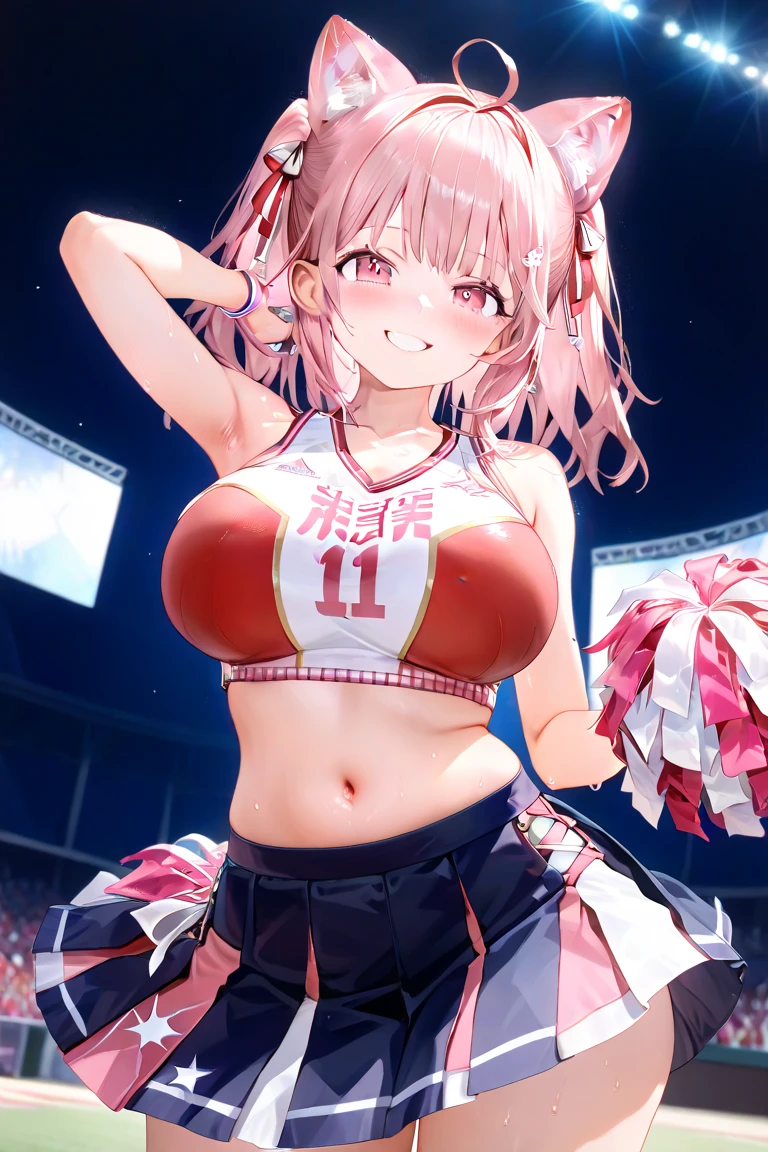 mastute piece,Best Quality,insanely detailed,8k cg,
shoot upper body,
1woman,18age,standing,body in front,looking at viewer,(cheer leader costume,pompoms),break,
blush,shy,(trembling:1.2),pink hair,break,open mouth,large breast,outdoor sports field,