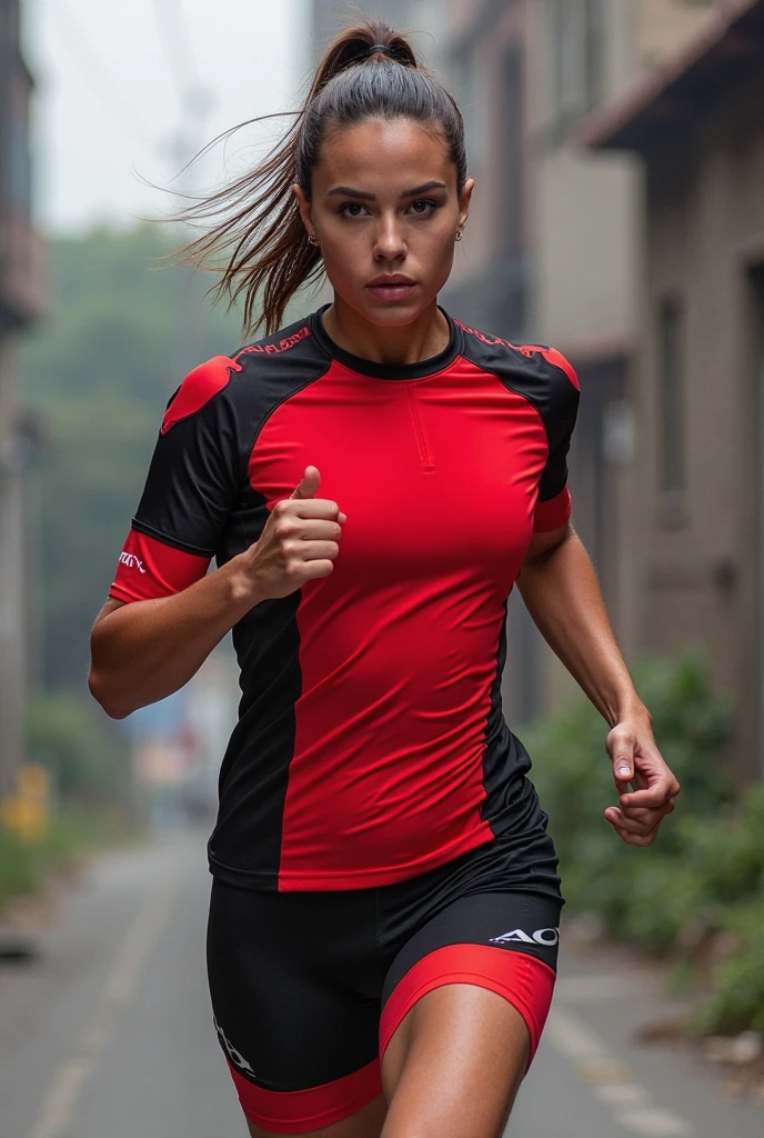 A cartoon woman running with a ponytail, wearing a red tank top and black shorts, in a minimalist style.