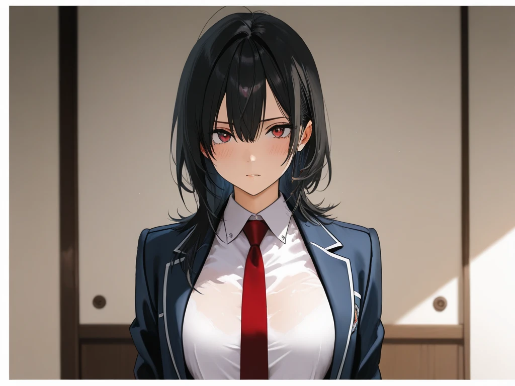 Masterpiece, best quality, beautiful girl, beautiful face, ponytail, multi-colored hair, adult, calm expression, black suit, white shirt,