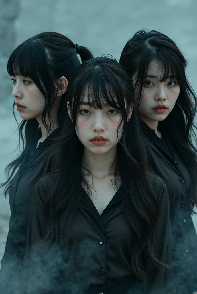 (High resolution, Super detailed, Realistic), Four Girls, Two people who look just like Shan meet for the first time, clone, Doppelganger, twins, encounter, 初めてのencounter, (Looking at each other:1.1), unawareness, surprised, surprised, Walking, Realistic Face, Realistic expression, Urban Background