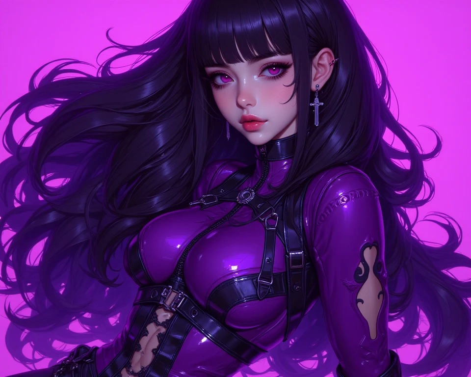 Raped woman with purple hair and piercings in a room, green and purple hair, she has purple hair, purple hair, purple stretch marks in her hair, 1 7 - years - goth girl, dark purple and cybernetic hair, blue and purple hair, with few vivid purple highlights, some green and purple, wearing spikes and piercings with large breasts pointing at screen with detailed skin and sweat dripping while making completely naked goosebumps , create a body and put it in the photo --auto --s2