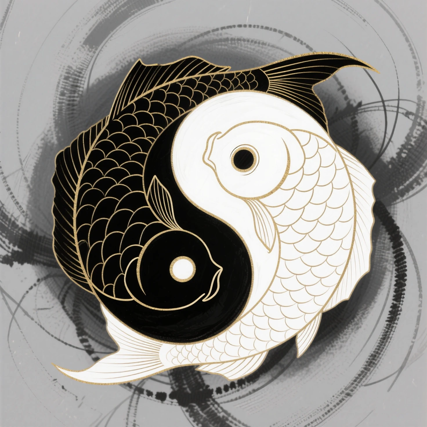 minimalism, ying and yang, koi, black and white ink painting, yin yang, koi fish