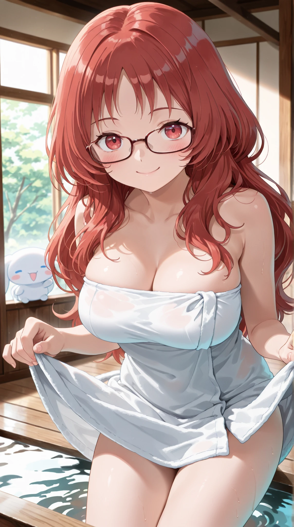 ((Masterpiece)), 8k wallpaper,kousaka honoka, blue eyes,(sedative:1.2), huge breasts,looking at viewer, sexy pajamas, Cleavage, heart shaped glasses, earrings, stylish