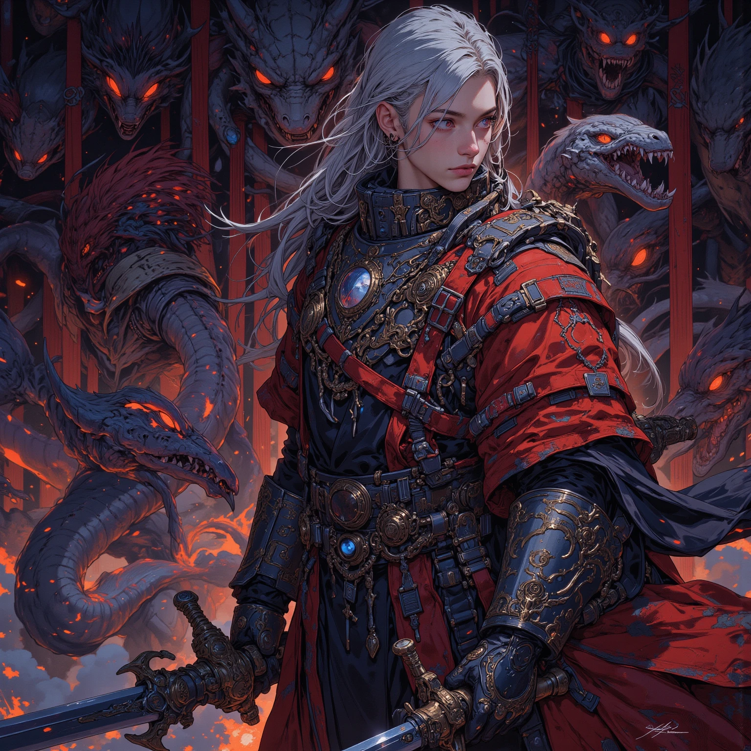 (a male emperor), domineering, majestic and solemn, solemn face, sharp eyes, (holding weapons), power, determination, gorgeous imperial clothing, dragon robes, battle robes, status, authority, head up, looking down on the world, best quality, photorealistic quality, cinematic quality, 8k, ultra-detailed details, realistic, (character realism: 1.2),