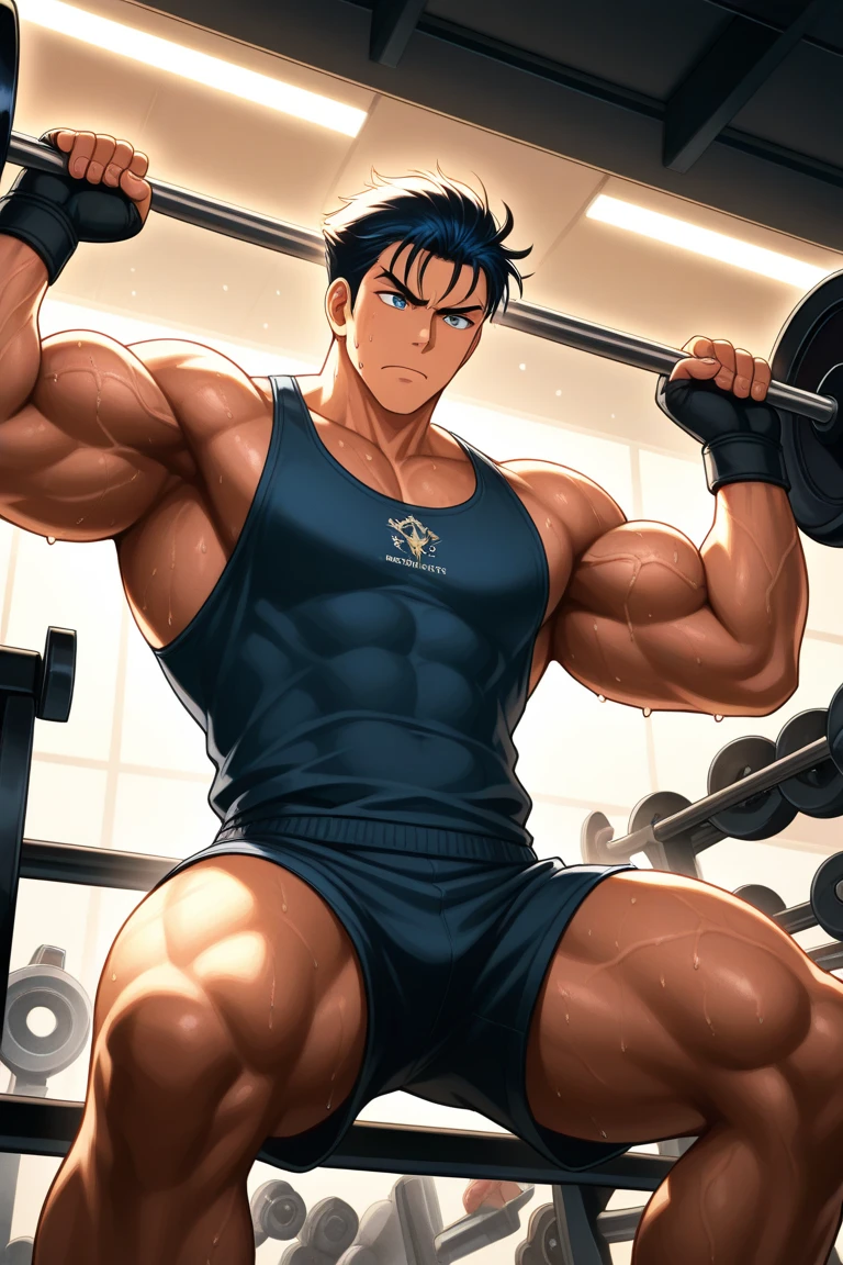 Immaculate lighting, A young Asian high school student, stands in a well-lit classroom. His brown skin seems to glow under the soft expression on his face. With toned muscles visible through his white sleeveless shirt, he exudes a confident and athletic aura. As the only person in the room, he rests on a chair, his bare legs exposed, accentuated by white socks. With a relaxed posture, he decides to sit down and take off his pants, revealing his muscular thighs covered by white shorts. This handsome male, without wearing shoes, captivates the viewer with his three-dimensional facial features and a well-sculpted bare upper body, leaving an undeniable impression.